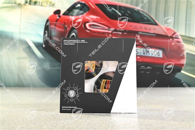 Radzierdeckel Satz (4 Stück), Lackiert Schwarz seidenglanz mit farbigem Porsche Wappen und Schwarz Hochglanz Ring