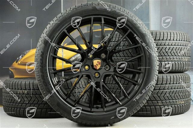 21" koła zimowe Cayenne COUPÉ RS Spyder, komplet, felgi 9,5J x 21 ET46 + 11,0J x 21 ET49 + opony zimowe Pirelli 275/40 R21 + 305/35 R21, z czujnikami ciśnienia, czarny wysoki połysk