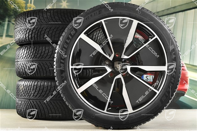 21-inch Macan Turbo winter wheel set, rims 8,5J x 21 ET27 + 10,5J x 21 ET47 + Michelin Pilot Alpin 5 SUV winter tyres 255/45 R21 + 285/40 R21, black high gloss