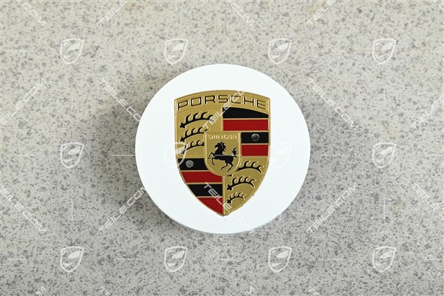 Radkappe, rund, gewölbt, mit farbigem Porsche-Wappen, Weiß-Metallic