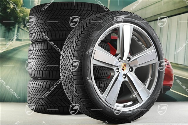 22" Koła zimowe, komplet, Cayenne Exclusive Design Sport, felgi 10J x 22 ET48 +11,5J x 22 ET61 + NOWE opony zimowe Pirelli 285/40 R22 + 315/35 R22, platynowy srebrny