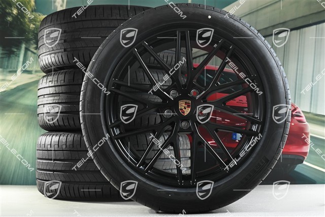 21" koła letnie Cayenne RS Spyder Design, komplet, felgi 9,5J x 21 ET46 + 11,0J x 21 ET58 + opony letnie Pirelli P Zero 285/45 R21 + 315/40 R21, z czujnikami ciśnienia, czarny satynowy półmat, DOT/rok prod. 2025, przebieg 30km