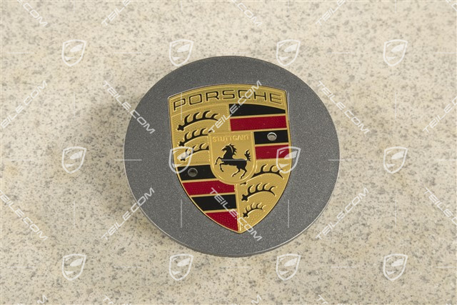 Radzierdeckel, konvex, Meteorgrau Metallic, Porsche Wappen farbig