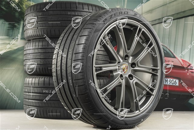 21" Panamera Exclusive Design Sommerräder, Felgen 9,5J x 21 ET71 + 11,5J x 21 ET69 + NEUE Pirelli Sommerreifen 275/35 ZR21 + 315/30 ZR21, Platinum, mit RDK-Sensoren