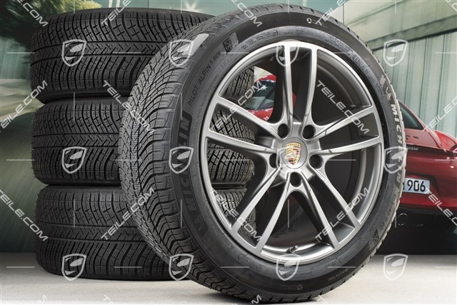 20" koła zimowe Cayenne Sport, komplet, felgi 9J x 20 ET50 + 10,5J x 20 ET64 + opony zimowe Michelin 275/45 R20 + 305/40 R20, z czujnikami ciśnienia, Platinum satynowy półmat