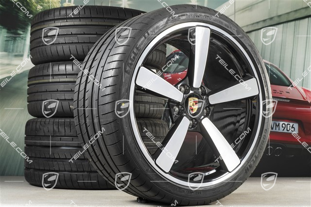 20+21-inch summer wheel set Carrera Exclusive Design, rims 8,5J x 20 ET53 + 11,5J x 21 ET67 + summer tyres 245/35 R20 + 305/30 R21, black high gloss, with TPM