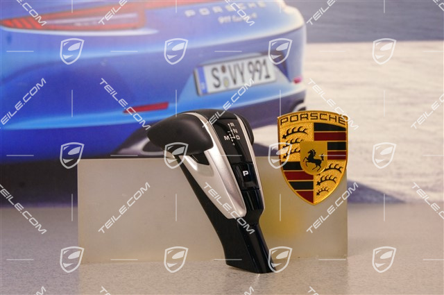 Exclusive Design Wählhebel, mit geprägtem Porsche Wappen, Glattleder, schwarz