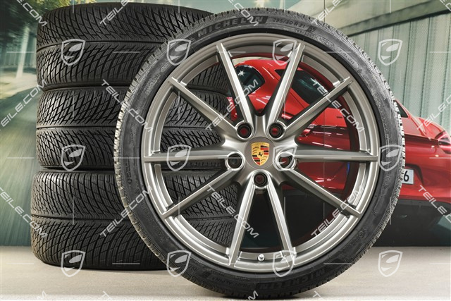 20"+21" koła zimowe Carrera S, komplet, felgi 8,5J x 20 ET53 + 11J x 21 ET66 + opony zimowe Michelin 245/35 R20 + 295/30 R21, Platinum satynowy mat
