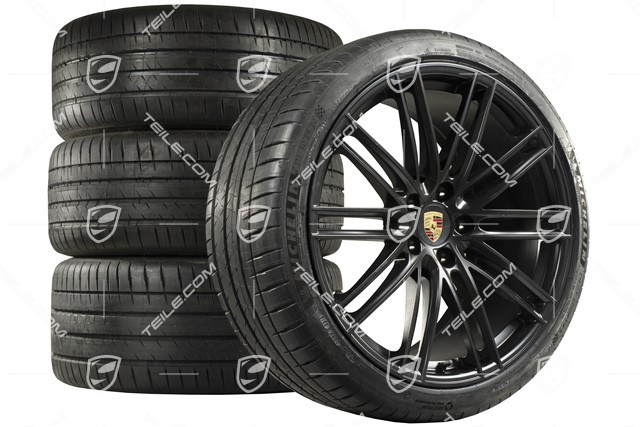 22" koła letnie Cayenne Coupé Turbo IV, komplet, felgi 10J x 22 ET48 + 11,5J x 22 ET52 + NOWE opony letnie Pirelli P Zero 285/35 R22 + 315/30 R22, z czujnikami ciśnienia, czarny satynowy półmat