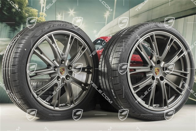 21" Panamera Exclusive Design Sommerräder, Felgen 9,5J x 21 ET71 + 11,5J x 21 ET69 + NEUE Pirelli Sommerreifen 275/35 ZR21 + 315/30 ZR21, Platinum, mit RDK-Sensoren