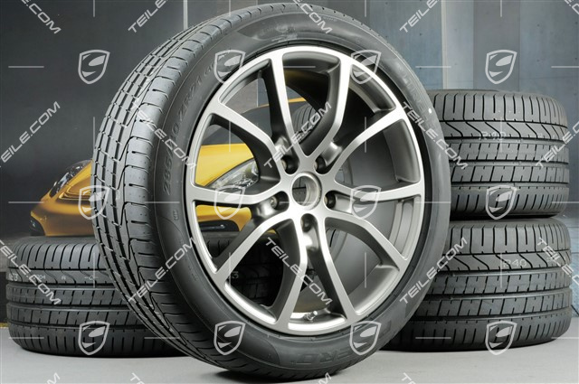21" Cayenne Exclusive Design Sommerräder Satz, Felgen 9,5J x 21 ET46 + 11,0J x 21 ET58 + Pirelli P Zero Sommerreifen 285/40 R21 + 315/35 R21, mit RDK-Sensoren, Platinum-Seidenmatt