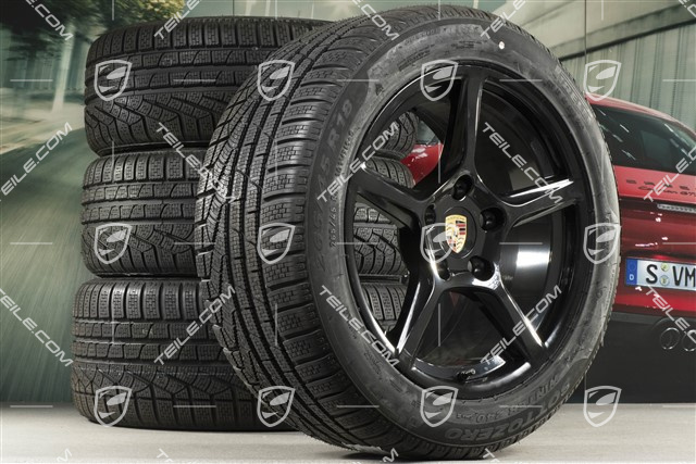 18" Boxster winter wheels set, rims 8J x 18 ET57 + 9,5J x 18 ET49 + NEW Pirelli Sottozero II winter tires 235/45 R18 + 265/45 R18, black high gloss