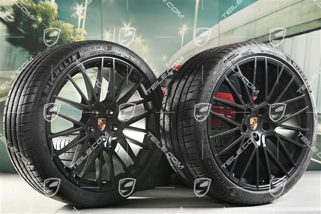 22" Cayenne Coupé RS Spyder Sommerräder Satz, Felgen 10J x 22 ET48 + 11,5J x 22 ET52 + Michelin Sommerreifen 285/35 R22 + 315/30 R22, mit RDK-Sensoren, schwarz seidenmatt