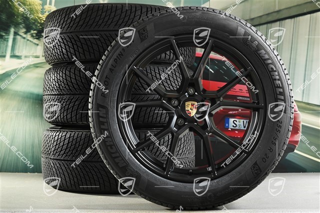 20" koła zimowe Cayenne S, komplet, felgi 9J x 20 ET50 + 10,5J x 20 ET64 + opony zimowe Michelin 255/55 R20 + 295/45 R20, z czujnikami ciśnienia, czarny satynowy półmat