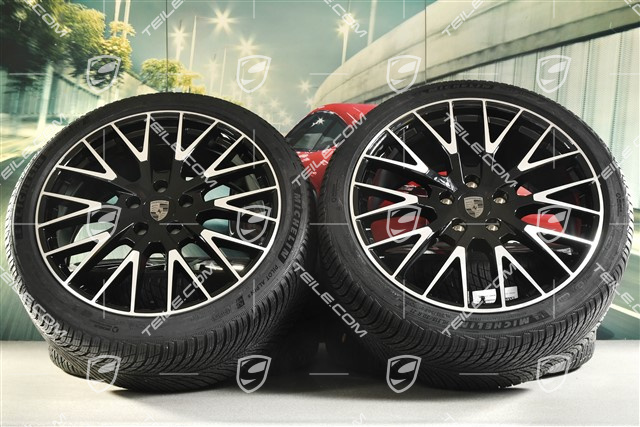 21" Panamera Exclusive Design Koła zimowe, komplet, felgi 9,5J x 21 ET71 + 10,5J x 21 ET71 + NOWE opony zimowe Michelin Pilot Alpin 5 275/35 R21 + 315/30 R21, czarny wysoki połysk