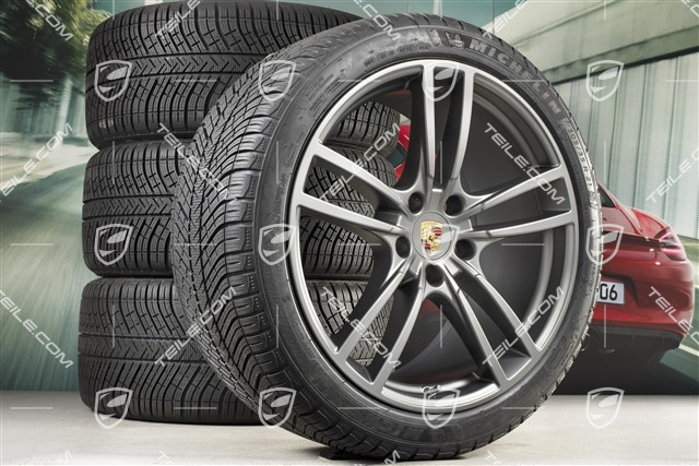 21" Cayenne COUPÉ Turbo Design Winterräder Satz, Felgen 9,5J x 21 ET46 + 11,0J x 21 ET49 + NEUE Michelin Winterreifen 275/40 R21 + 305/35 R21, mit RDK-Sensoren, Platinum seidenmatt