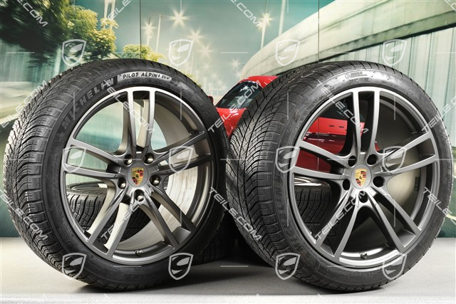 21" Cayenne Turbo Winterräder Satz, Felgen 9,5J x 21 ET46 + 11,0J x 21 ET58 + Michelin Winterreifen 275/40 R21 + 305/35 R21, mit RDK-Sensoren, in Platinum Seidenmatt