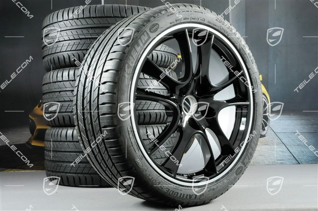 21" Sommerräder Satz, Cayenne Sport / GTS, neuwertige Felgen 10J x 21 ET50 + 10Jx21 ET50 + NEUE Sommerreifen 295/35 R21, in Schwarz + Rand in Silber