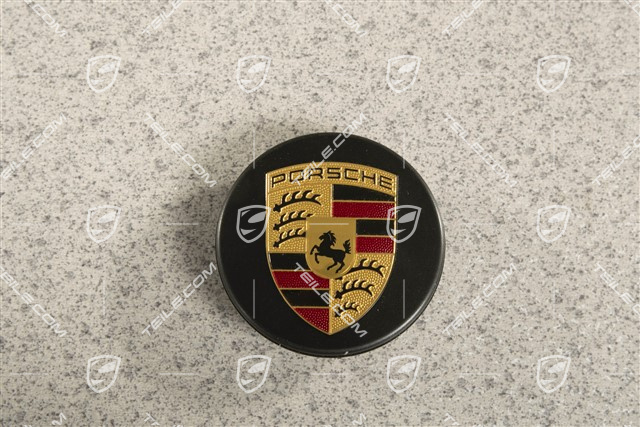 Zierdeckel für Zentralverschluss, Turbo, farbiges Porsche Wappen, schwarz seidenmatt