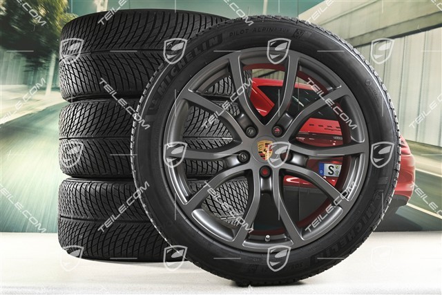 21" Cayenne Exclusive Design Winterräder Satz, Felgen 9,5J x 21 ET46 + 11,0J x 21 ET49 + Michelin Pilot Alpin 5 SUV Winterreifen 285/45 R21 + 305/40 R21, mit RDK-Sensoren, Vesuvgrau