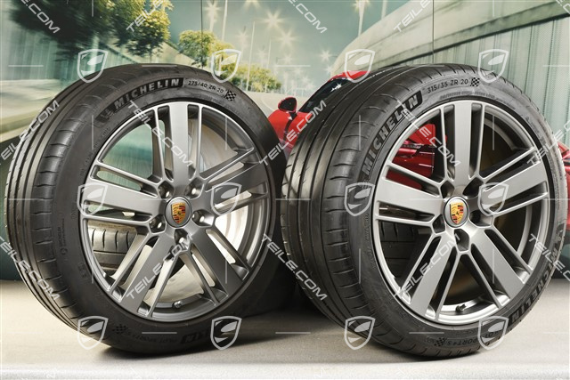 20" Panamera Design 2 Sommerräder, Felgen 9,5J x 20 ET71 + 11,5J x 20 ET68 + Michelin Sommerreifen 275/40 ZR20 + 315/35 ZR20, mit RDK-Sensoren, Platinum Seidenmatt
