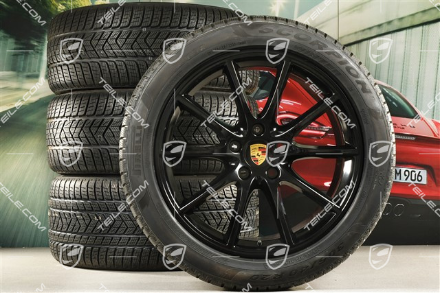 20-inch Cayenne Design winter wheel set, rims 9J x 20 ET50 + 10,5J x 20 ET64 + NEW Pirelli winter tyres 275/45 R20 + 305/40 R20, with TPMS, in black high gloss
