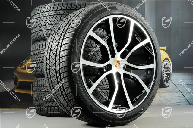 21" koła zimowe Cayenne Exclusive Design, komplet, felgi 9,5J x 21 ET46 + 11,0J x 21 ET58 + opony zimowe Pirelli 275/40 R21 + 305/35 R21, z czujnikami ciśnienia, czarny wysoki połysk + polerowana powierzchnia