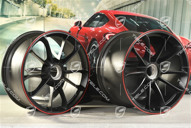 20" Felgensatz GT3, 9J x 20 ET55 + 12J x 20 ET47, in Schwarz seidenmatt + Rand in Rot
