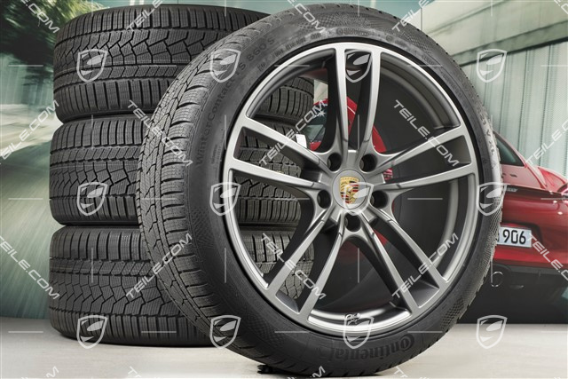 21" koła zimowe Cayenne Turbo, komplet, felgi 9,5J x 21 ET46 + 11,0J x 21 ET58 + opony zimowe Continental 275/40 R21 + 305/35 R21, z czujnikami ciśnienia, Platinum półmat satyna