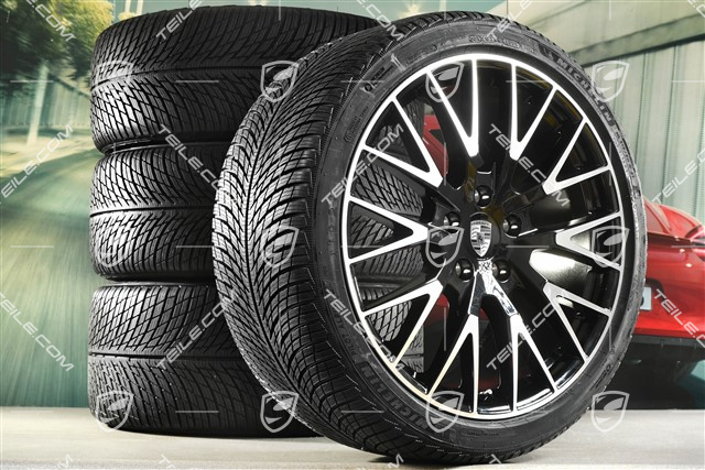21" Panamera Exclusive Design Koła zimowe, komplet, felgi 9,5J x 21 ET71 + 10,5J x 21 ET71 + NOWE opony zimowe Michelin Pilot Alpin 5 275/35 R21 + 315/30 R21, czarny wysoki połysk