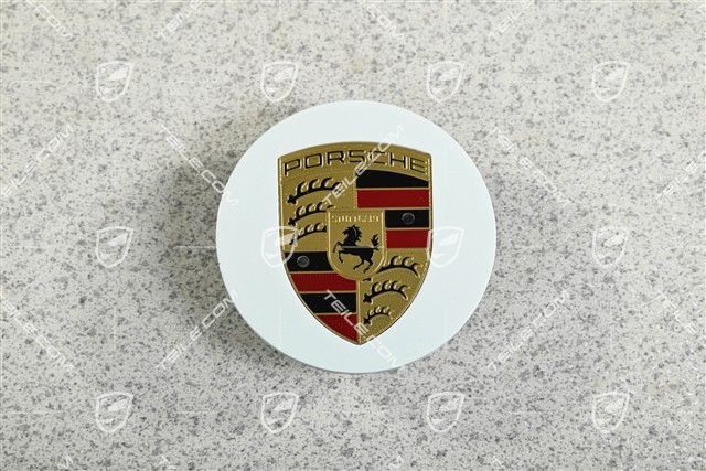 Radkappe, rund, gewölbt, mit farbigem Porsche-Wappen, Weiß-Metallic