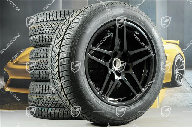18" "Macan S" Winterräder Satz, Felgen 8J x 18 ET21 + 9J x 18 ET21 + NEUE Pirelli Winterreifen 235/60 ZR 18 + 255/55 ZR 18, mit RDK-Sensoren, schwarz hochglanz