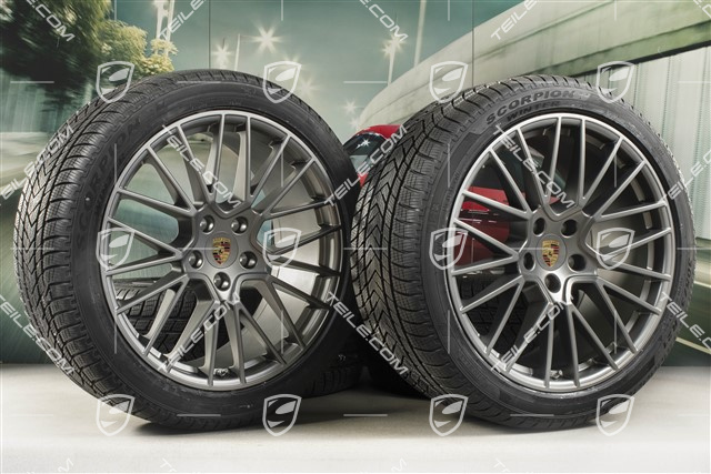 21" koła zimowe Cayenne COUPÉ RS Spyder, komplet, felgi 9,5J x 21 ET46 + 11,0J x 21 ET49 + opony zimowe Pirelli 275/40 R21 + 305/35 R21, z czujnikami ciśnienia, Platinum satynowy półmat