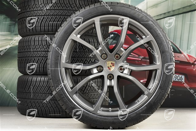 21-inch Cayenne Exclusive Design winter wheel set, rims 9,5J x 21 ET46 + 11,0J x 21 ET58 + Michelin Pilot Alpin 5 winter tyres 275/40 R21 + 305/35 R21, with TPMS, Platinum satin-mat