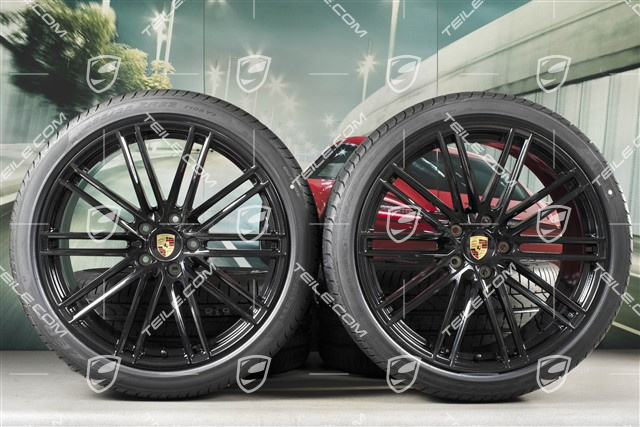 22-inch summer wheel set 911 Turbo IV Design, rims 10J x 22 ET48 + 11,5J x 22 ET61 + Pirelli summer tyres 285/35 ZR22 + 315/30 ZR22,  black high gloss, with TPM