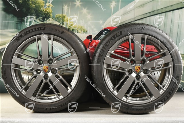 20" Panamera Design 2 Sommerräder, Felgen 9,5J x 20 ET71 + 11,5J x 20 ET68 + Michelin Sommerreifen 275/40 ZR20 + 315/35 ZR20, mit RDK-Sensoren, Platinum Seidenmatt