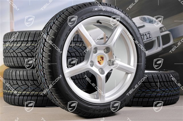 18" Boxster winter wheel set, 8J x 18 ET57 + 9J x 18 ET47 + NEW winter tyres Dunlop 235/45 R18 + 265/45 R18, with TPM
