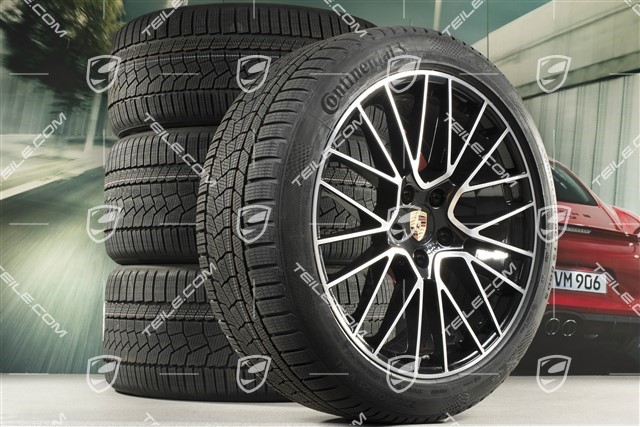 21" Cayenne "RS Spyder" Winterräder Satz, Felgen 9,5J x 21 ET46 + 11,0J x 21 ET58 + NEUE Continental Winterreifen 275/40 R21 + 305/35 R21, mit RDK-Sensoren, schwarz hochglanz