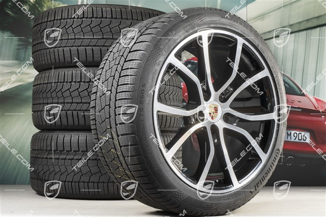 21" koła zimowe Cayenne COUPE Exclusive Design, komplet, felgi 9,5J x 21 ET46 + 11,0J x 21 ET49 + opony zimowe Continental 275/40 R21 + 305/35 R21, z czujnikami ciśnienia, czarny wysoki połysk + polerowana powierzchnia