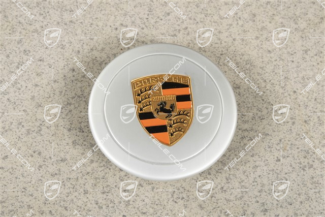 Radzierdeckel, für Innendurchmesser 66 mm, für Fuchsfelgen, eloxiert, silber mit farbigem, geprägten Porsche Wappen (orange)