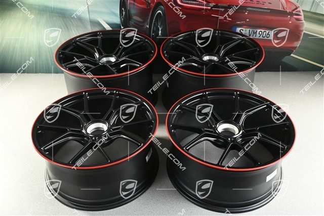 20"+21" GT3 Felgen Satz, 9,5J x 20 ET46 + 12J x 21 ET45, in Schwarz Seidenmatt, Rand in Rot