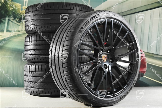 22" Cayenne Coupé RS Spyder Sommerräder Satz, Felgen 10J x 22 ET48 + 11,5J x 22 ET52 + Michelin Sommerreifen 285/35 R22 + 315/30 R22, mit RDK-Sensoren, schwarz seidenmatt