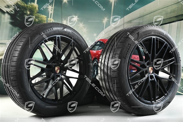 21" koła letnie Cayenne RS Spyder Design, komplet, felgi 9,5J x 21 ET46 + 11,0J x 21 ET58 + opony letnie Pirelli P Zero 285/45 R21 + 315/40 R21, z czujnikami ciśnienia, czarny satynowy półmat, DOT/rok prod. 2025, przebieg 30km