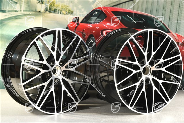 21" Komplet felg Cayenne RS Spyder Design, 11J x 21 ET58 + 9,5J x 21 ET46, czarny wysoki połysk