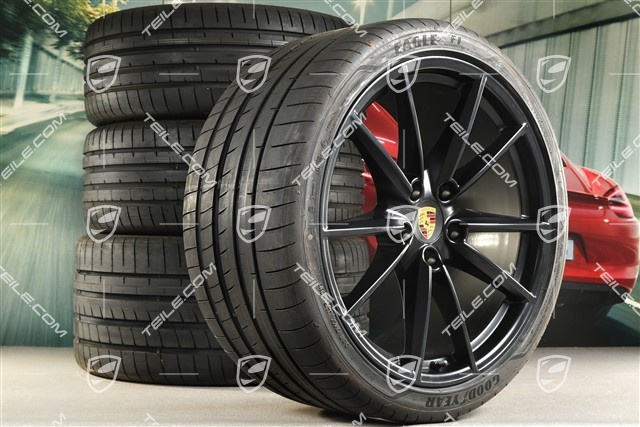 20"+21" Sommerräder Satz Carrera S, Felgen 8,5J x 20 ET53 + 11,5J x 21 ET67 + NEUE Goodyear Sommerreifen 245/35 R20 + 305/30 R21, mit RDK-Sensoren, schwarz seidenmatt