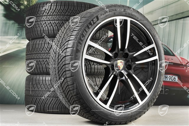 21" koła zimowe Cayenne Turbo, komplet, felgi 9,5J x 21 ET46 + 11,0J x 21 ET58 + NOWE opony zimowe Michelin 275/40 R21 + 305/35 R21, z czujnikami ciśnienia, czarny wysoki połysk