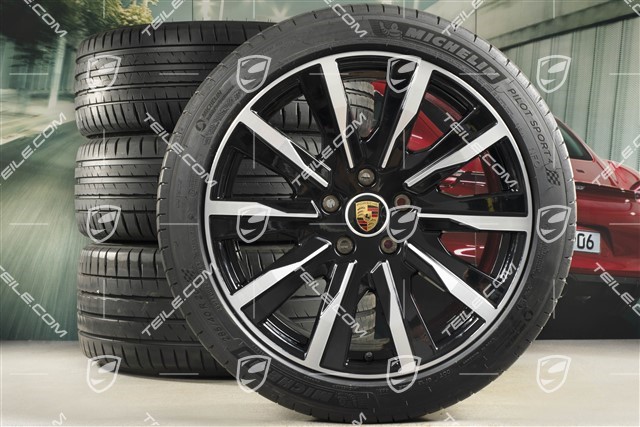20" Taycan Tequipment Design summer wheels set, rims 9J x 20 ET54 + 11J x 20 ET60 + NEW Michelin summer tyres 245/45 R20 + 285/40 R20, painted in black high gloss