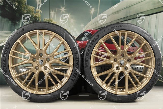 21" Panamera Exclusive Design Sport Sommerräder Satz, Felgen 9,5J x 21 ET71 + 11,5J x 21 ET69 + Michelin Sommerreifen 275/35 R21 + 325/30 R21, mit RDK-Sensoren, in Aurum Seidenmatt