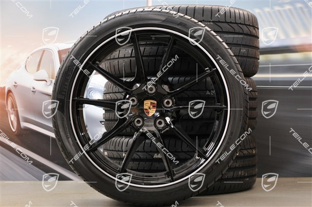 20" Carrera S (III) Sommerräder Satz, 8J x 20 ET57 + 9,5J x 20 ET45 + NEUE Pirelli Reifen 235/35 ZR20 + 265/35 ZR20, Felgenstern in Schwarz (Hochglanz), mit RDK-Sensoren