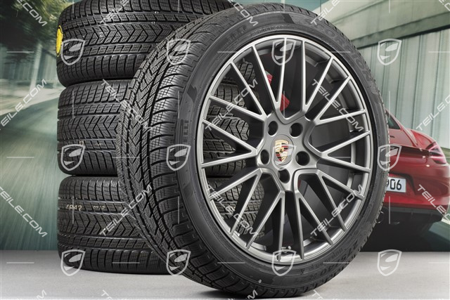 21" koła zimowe Cayenne RS Spyder, komplet, felgi 9,5J x 21 ET46 + 11,0J x 21 ET58 + opony zimowe Pirelli 275/40 R21 + 305/35 R21, z czujnikami ciśnienia, Platinum satynowy półmat